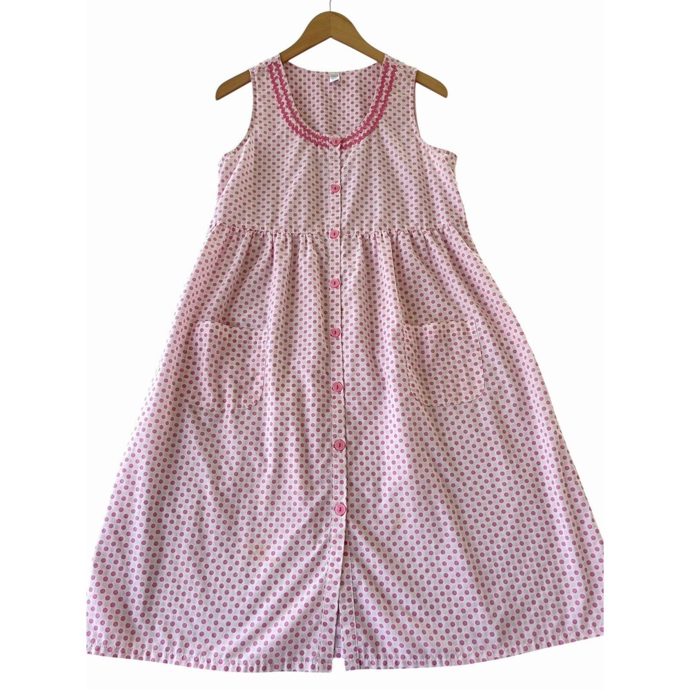Vintage Pink Polka Dot Dress Cottagecore  Button Front Sleeveless Midi M